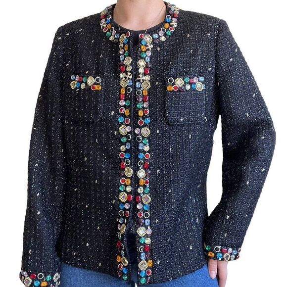 Vintage 80s Berek Black Tweed Rainbow Jeweled Beaded Blazer Jacket XL - Picture 7 of 10